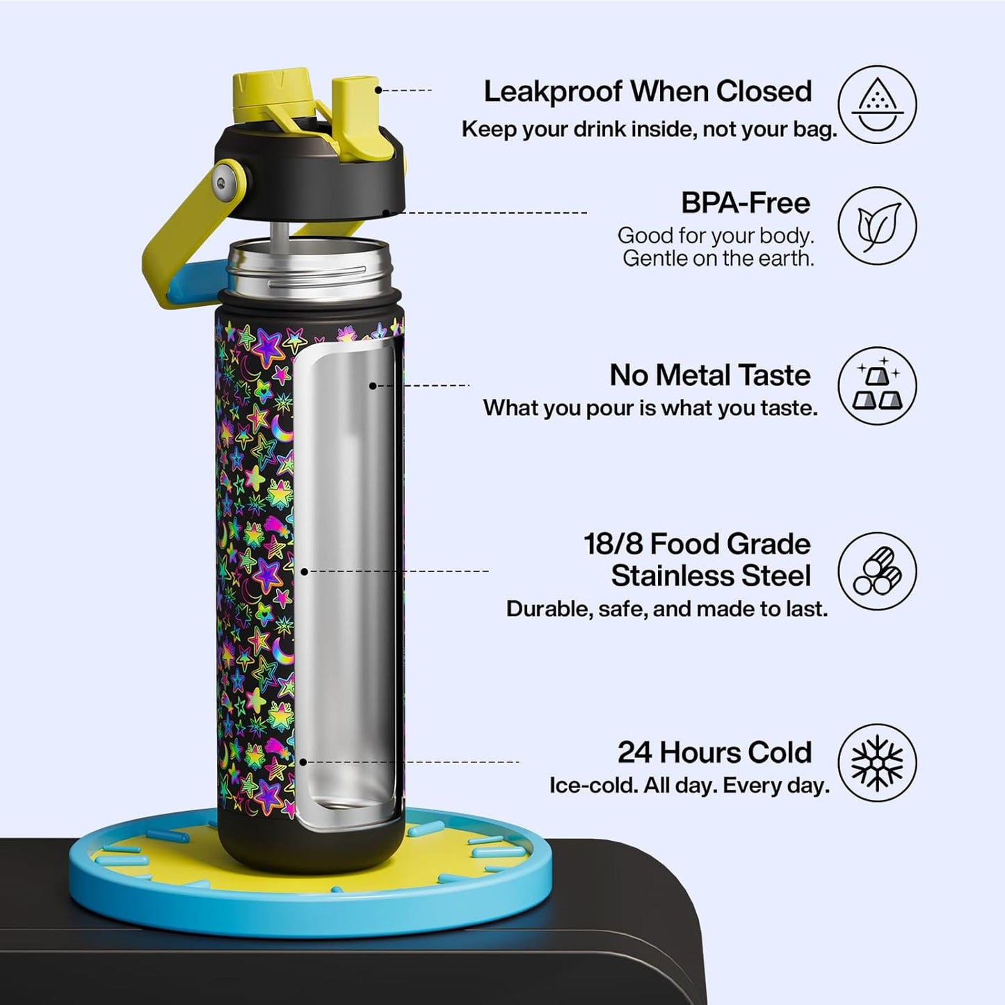 ENCOOL Insulated Water Bottle with Straw Stainless Steel Water Bottle, Leak-Proof, BPA-Free, Double Wall Vacuum Keeps Cold for 24 Hours for Sports, Travel, School (26 oz, Cotton Candy) - Colors A