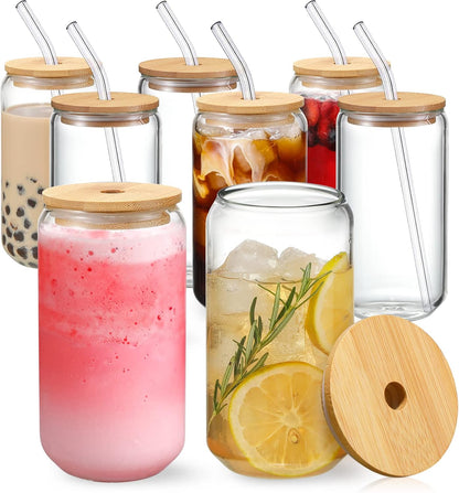 Drinking Glasses with Bamboo Lids and Glass Straw 4pcs Set - 16oz Glass Cups, Iced Coffee Glasses, Cute iced Tea Glasses, Beer Glasses, Ideal for Coffee Bar Accessories, Aesthetic Gift - 2 Brushes