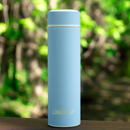 The London Sip Multi-Purpose Travel Mug and Tumbler Fruit Infused Flask Hot and Cold Double Wall Stainless Steel Thermos with Extra-Long Infuser, Purple