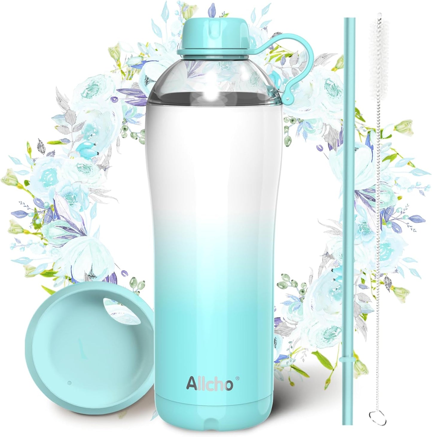 Allcho Insulated Water Bottle for Women, 18oz Stainless Steel Leak Proof Tumbler with 2 Lids, BPA-Free Tritan Chug & Straw Lid, Double Wall Vacuum Flask