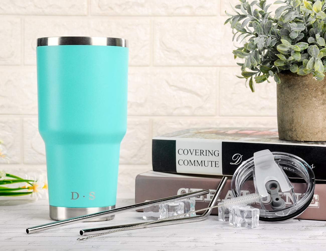 D·S 30oz Blue Tumbler Stainless Steel Double Wall Vacuum Insulated Mug with Straw and Lid, Cleaning Brush for Cold and Hot Beverages