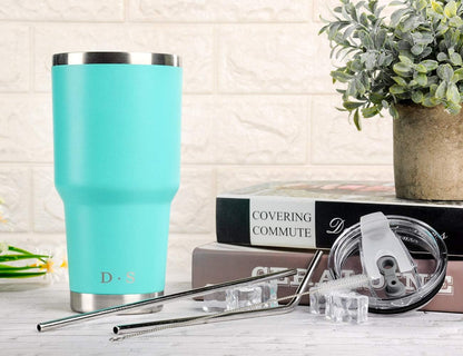 D·S 30oz Blue Tumbler Stainless Steel Double Wall Vacuum Insulated Mug with Straw and Lid, Cleaning Brush for Cold and Hot Beverages