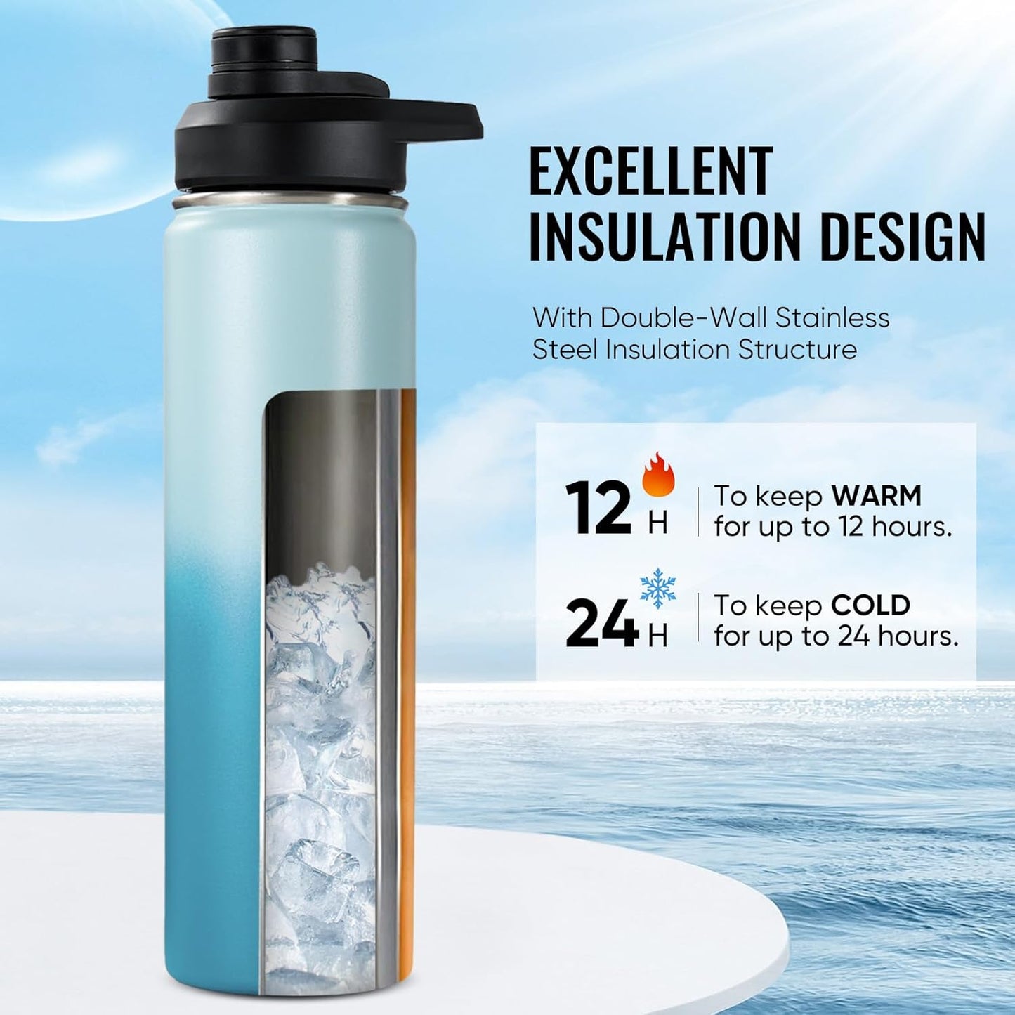 Fijinhom 24 oz Insulated Water Bottle with Handle, 304 Stainless Steel Water Bottles with Wide Mouth, Double Wall Vacuum Sports Water Bottle, BPA Free, Keep Cold and Hot, Black | with Handle