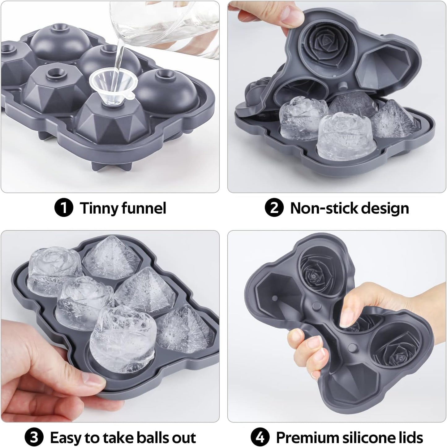 Ice Cube Tray, Mikiwon 2 inch Rose Ice Cube Trays With Covers, 3 Cavity Silicone Rose Ice Tray & 3 Diamond Ice Ball Maker, Easy Release Large Ice Cube Form for Chilled Cocktails, Whiskey Juice Black