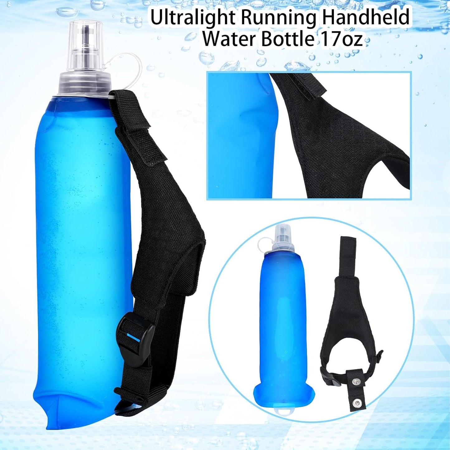 LemonRoad Ultralight Running Collapsible Handheld Water Bottle with Hand Strap 17 Oz/ 500 ml Adjustable Strap Handheld Water Bottle Spill-proof Cap for Running Marathons Hiking Cycling Climbing