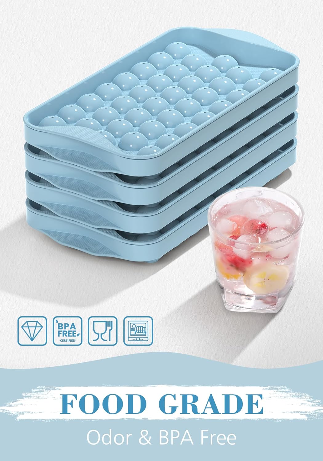 DOQAUS Ice Cube Trays with Lid and Bin, Easy Twist Release 0.8 Inch Mini Ice Balls, BPA-Free Food-Grade Ice Molds for Freezer, Iced Coffee, Cocktails (4 Pack)