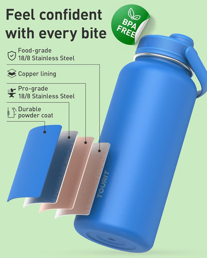 TOURIT 32 oz Insulated Water Bottle, Stainless Steel Sports Water Bottles With Top Handle, Double-Wall Travel Thermal Water Flask, BPA Free Leakproof Water Bottle for Sports and Travel,Pink