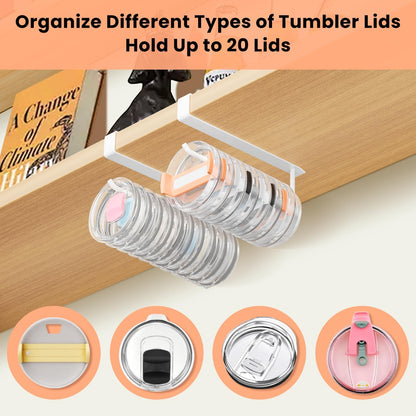 2 Pack Tumbler Lid Organizer, Under Cabinet Cup Lid Holder for Yeti Insulated Mug/Stanley Insulated Mug/Simple Modern Insulated Mug Lid, No Gluing, No Drilling, Up to 10 Lids (Black)