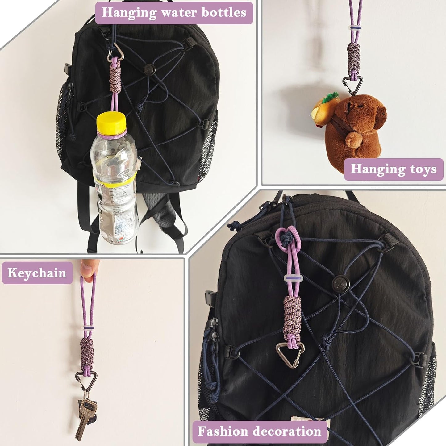 Paracord Keychain - Triangle/D-Shaped Carabiner Clip with Lanyard for Hanging Water Bottle, Key, Backpacks and More
