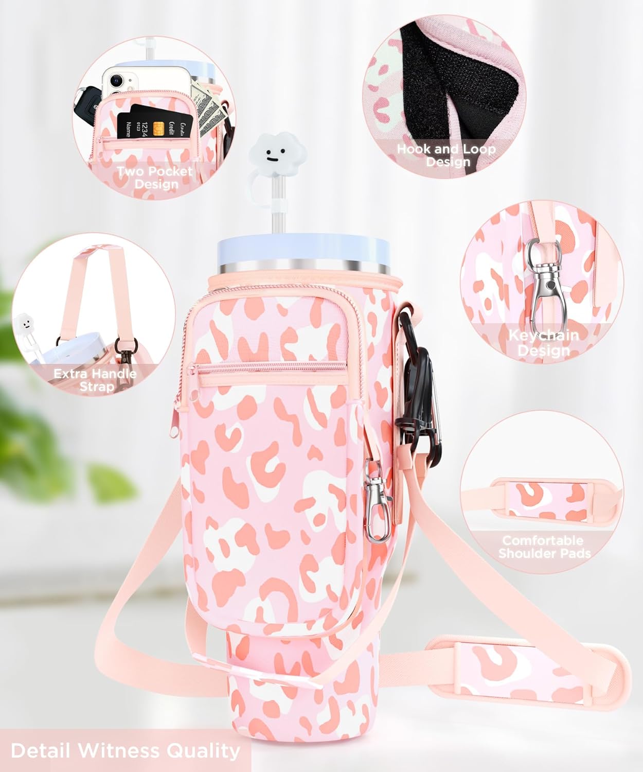 dabria Water Bottle Carrier Bag with Phone Pocket for Stanley 40/30 oz Tumbler Neoprene Water Bottle Holder Pouch with Adjustable Strap Bollus with Straw Cover for Stanley Cup Accessories