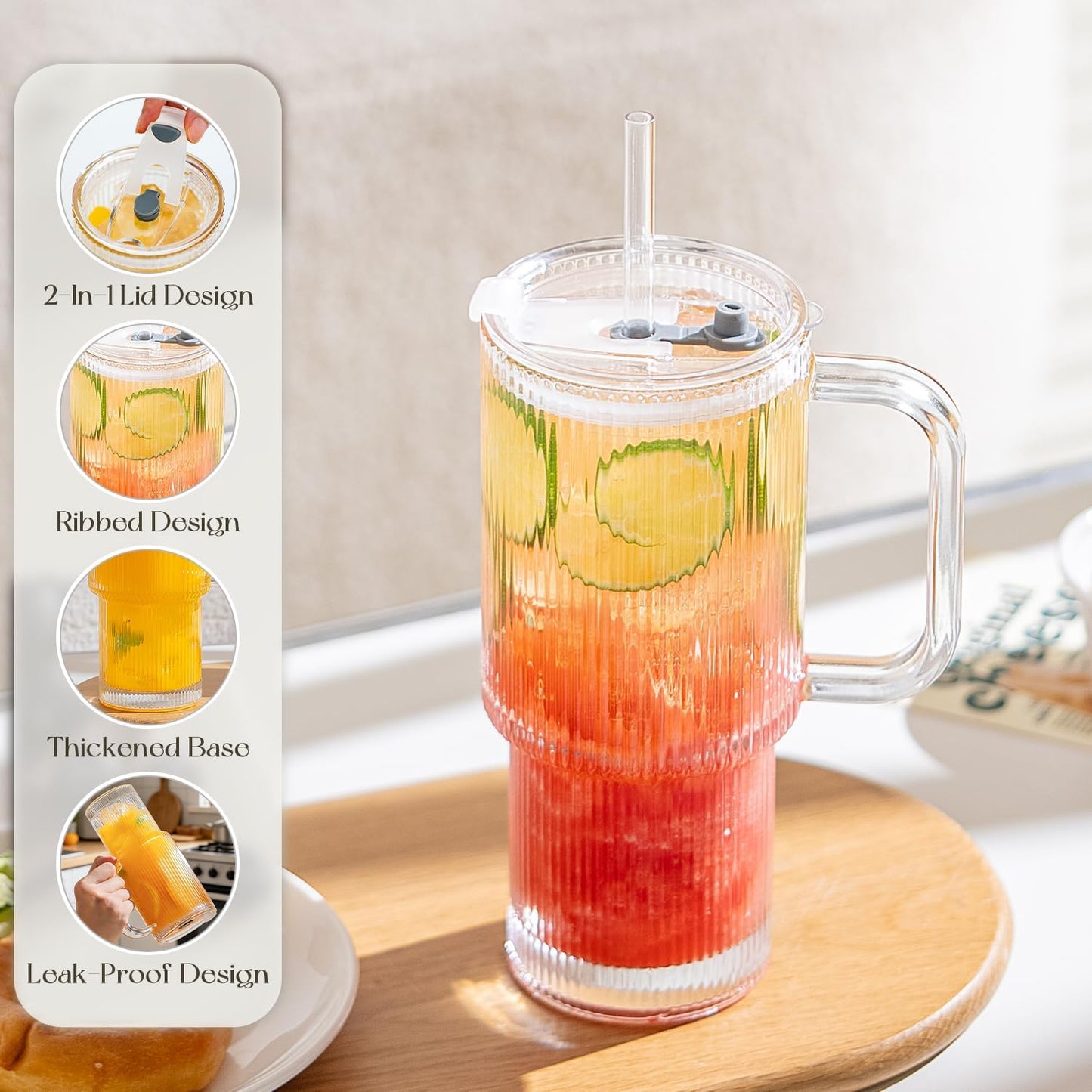 KEMORELA Large 26oz Clear Glass Mug with Handle and Sliding Lid – Aesthetic Ribbed Tumbler for Iced Coffee, Smoothies & Hot Drinks – Reusable Travel Cup with Straw, Dishwasher Safe (Ribbed Tumbler)