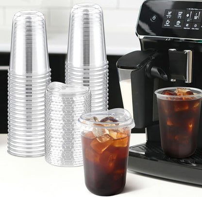 Round Bottom Clear Plastic Cups with Sip Lids, 50 Sets, 16 Oz Disposable Iced Coffee Cups with Strawless Lids To Go Cold Drink Cups for Smoothies, Juices, Party Catering