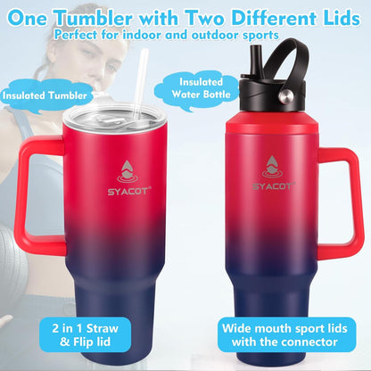 40 oz Tumbler with Handle and Straw or Convert to 40 oz Insulated Water Bottle Fits in Cup Holder. Stainless Steel Metal Water Flask with 2 Lids for Travel,Camping,Gym Sports Coffee Mug Thermal Cup
