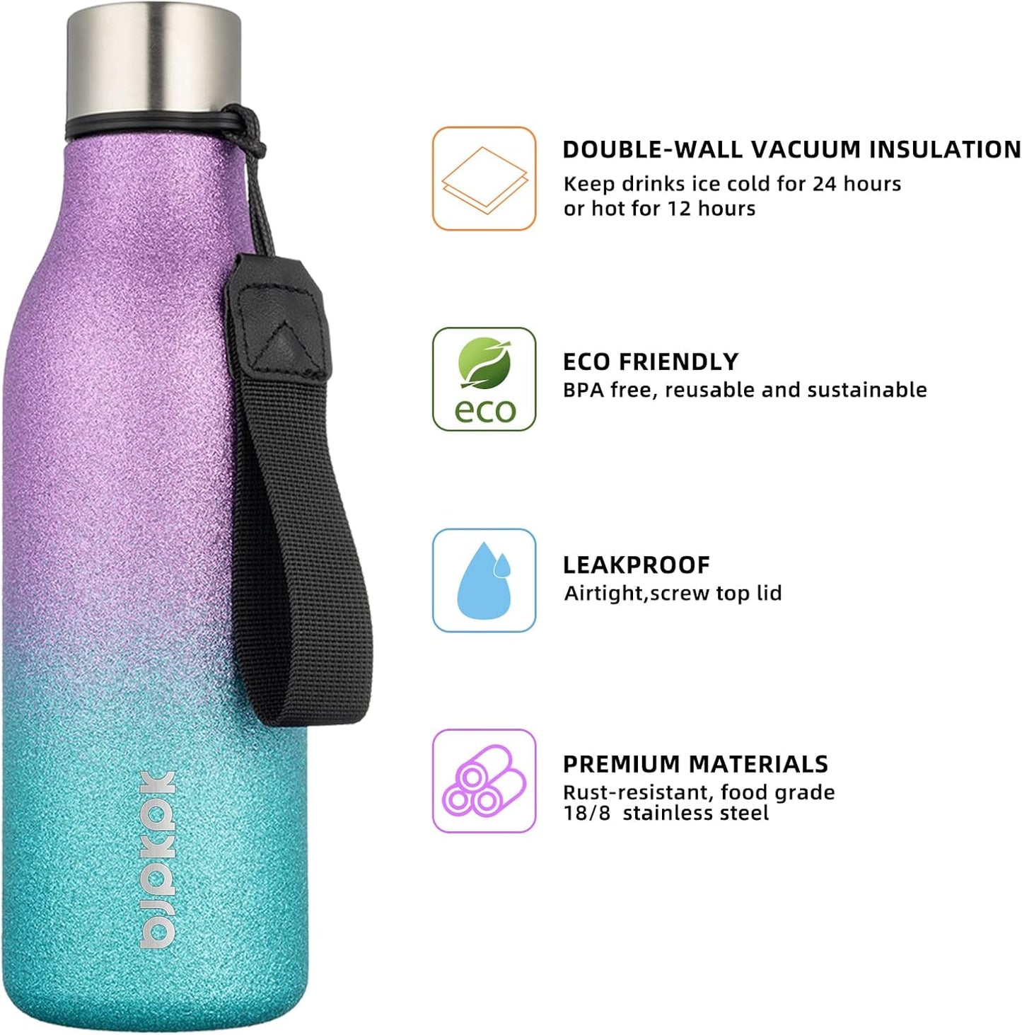 BJPKPK Insulated Water Bottles, 18 oz Stainless Steel Metal Water Bottle with Strap, BPA Free Leak Proof Jugs, Mugs, Flasks, Reusable Thermal Flasks for Sports & Travel, Black - Colors A