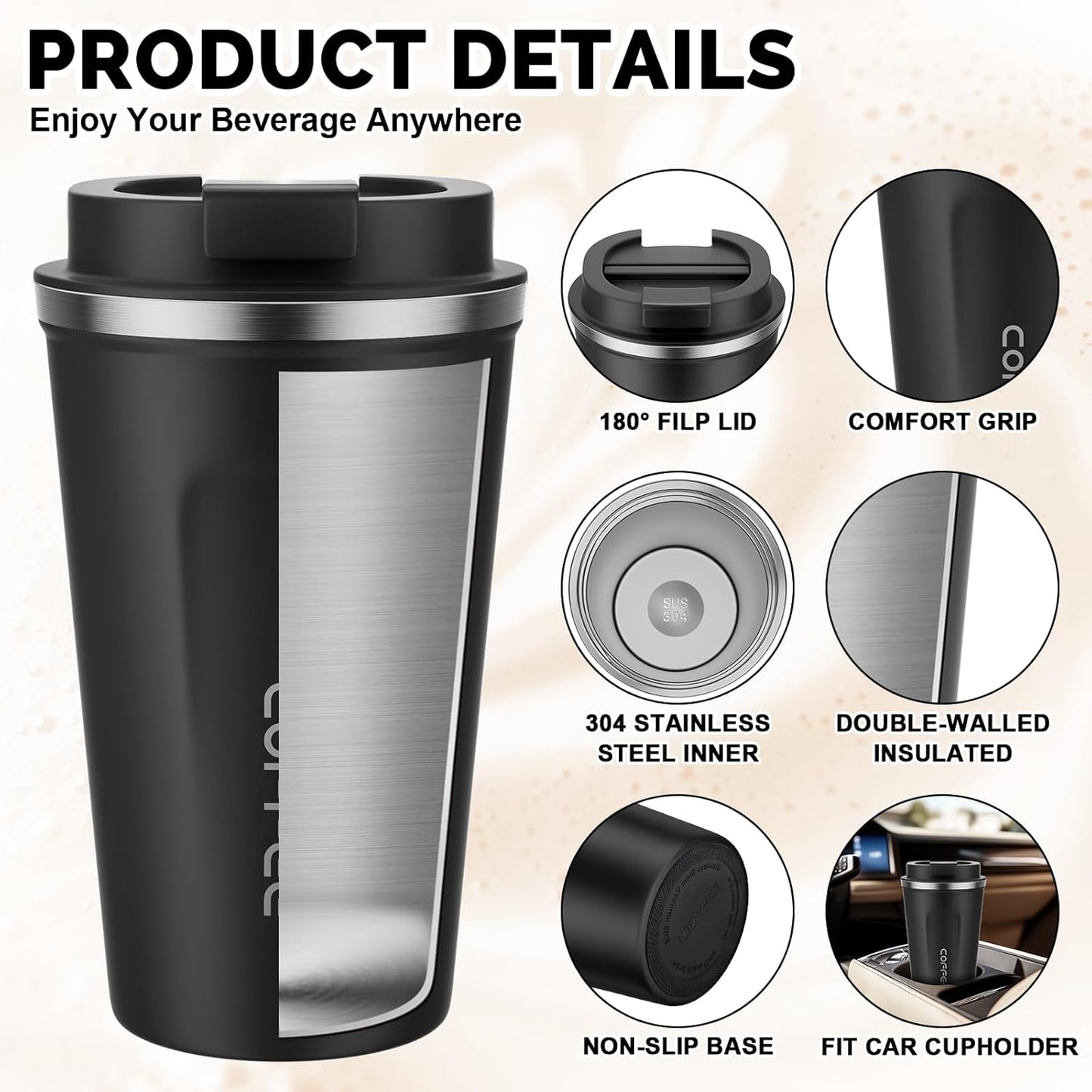 MOMSIV 12oz Travel Mug, Insulated Coffee Cup with Leakproof Lid, Travel Coffee Mug Vacuum Stainless Steel Double Walled Reusable Coffee Cup for Hot and Cold Water Coffee