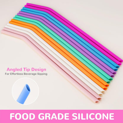 NiHome 14PCS Silicone Straws Fit for Stanley 40oz 30oz Tumbler, 14” Extra Long Reusable Drinking Straw, Flexible Can Cut Length for 1/Half Gallon 75 64 OZ Large Water Bottle - 2 Brushes (Rainbow)