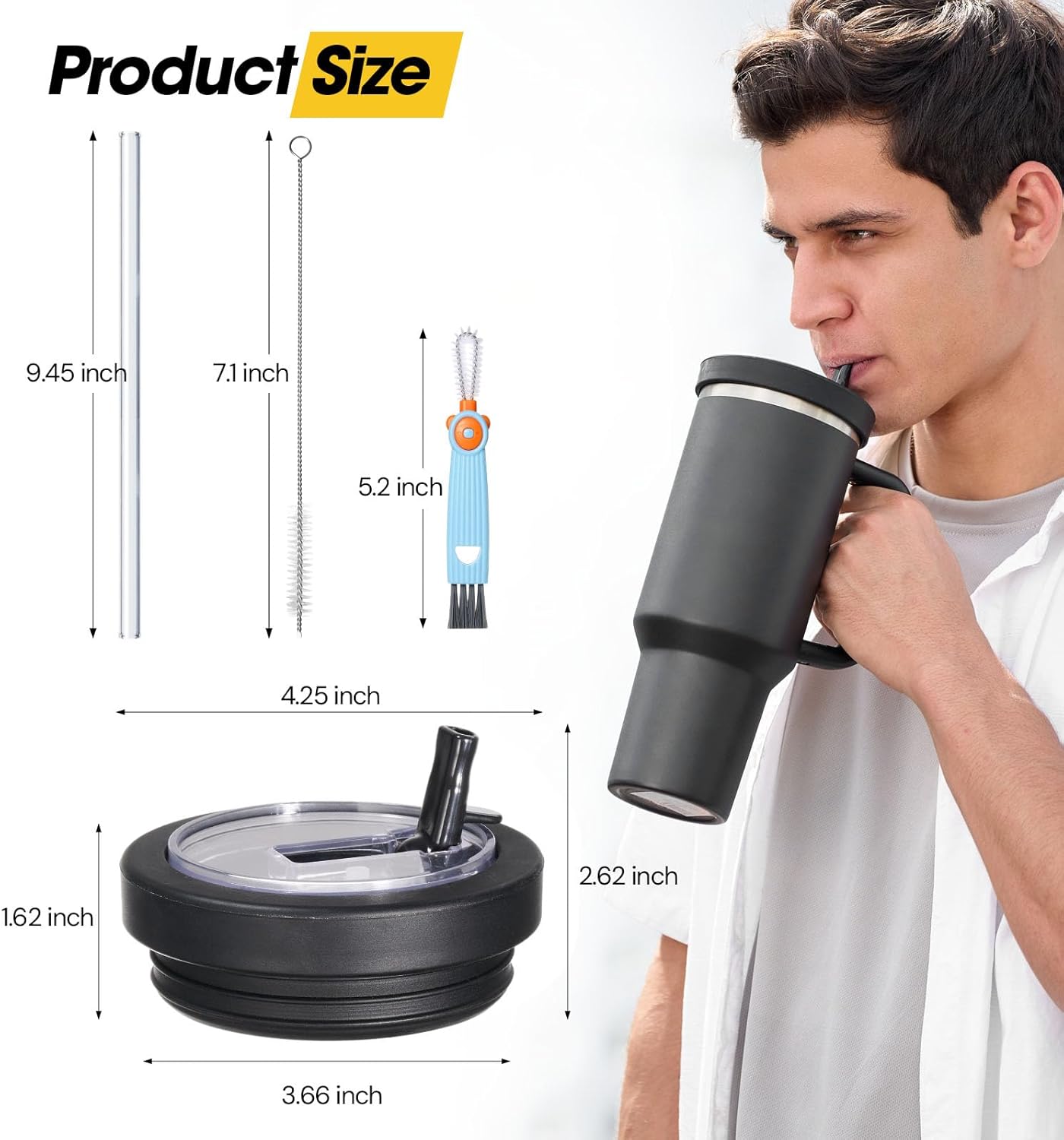 40 Oz Tumbler Flip Straw Lid for Stanley Quencher, Silicone Leak Proof Replacement Cover Reusable, Splash Resistant Cup Lids Accessories with Cleaning Brush Set