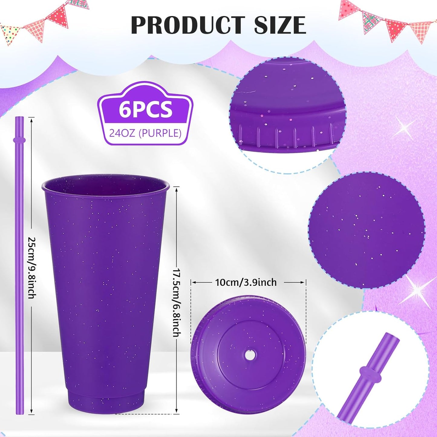 Uiifan 6 Pcs 24 oz Reusable Tumbler with Lids and Straws Plastic Iced Coffee Tumbler Glitter Travel Mug Cup for Smoothie Juices Birthday Party Cold Drink Coffee Cup Bulk for Adult Kid Women (Clear)