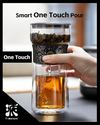 ZENS Modern Glass Infuser Teapot, One Touch Tea Maker for Loose Leaf Tea with Insulated Mug and Portable Case. Enchanted Pot Alternatives for Tea Lover Gifts