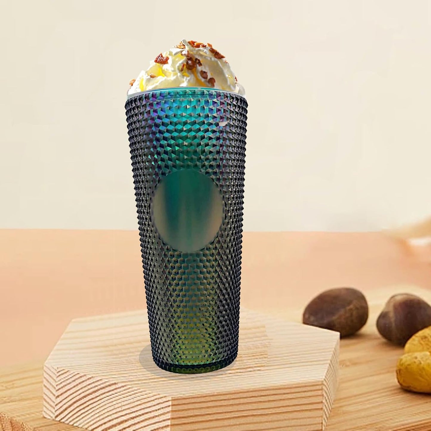 Studded Tumbler With Straw Tumblers With Lids And Straws Iridescent Blue Cups Water Cup With Straw And Lid BPA-Free Double-Wall Plastic for Iced Coffee Cups or Water 24 Oz
