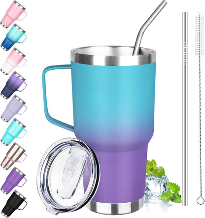 40 oz Tumbler with Handle, Insulated Tumbler with Lid and Straw, Reusable Stainless Steel Vacuum Insulated Cup, 100% Leak Proof Thermal Travel Coffee Mug Cup for Cold and Hot (Light Purple)