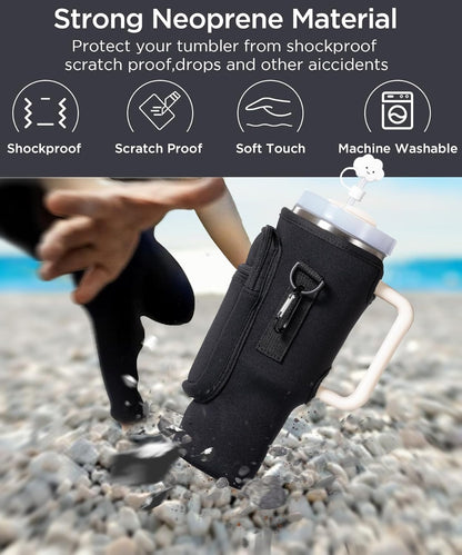 dabria Water Bottle Carrier Bag with Phone Pocket for Stanley 40/30 oz Tumbler Neoprene Water Bottle Holder Pouch with Adjustable Strap Bollus with Straw Cover for Stanley Cup Accessories