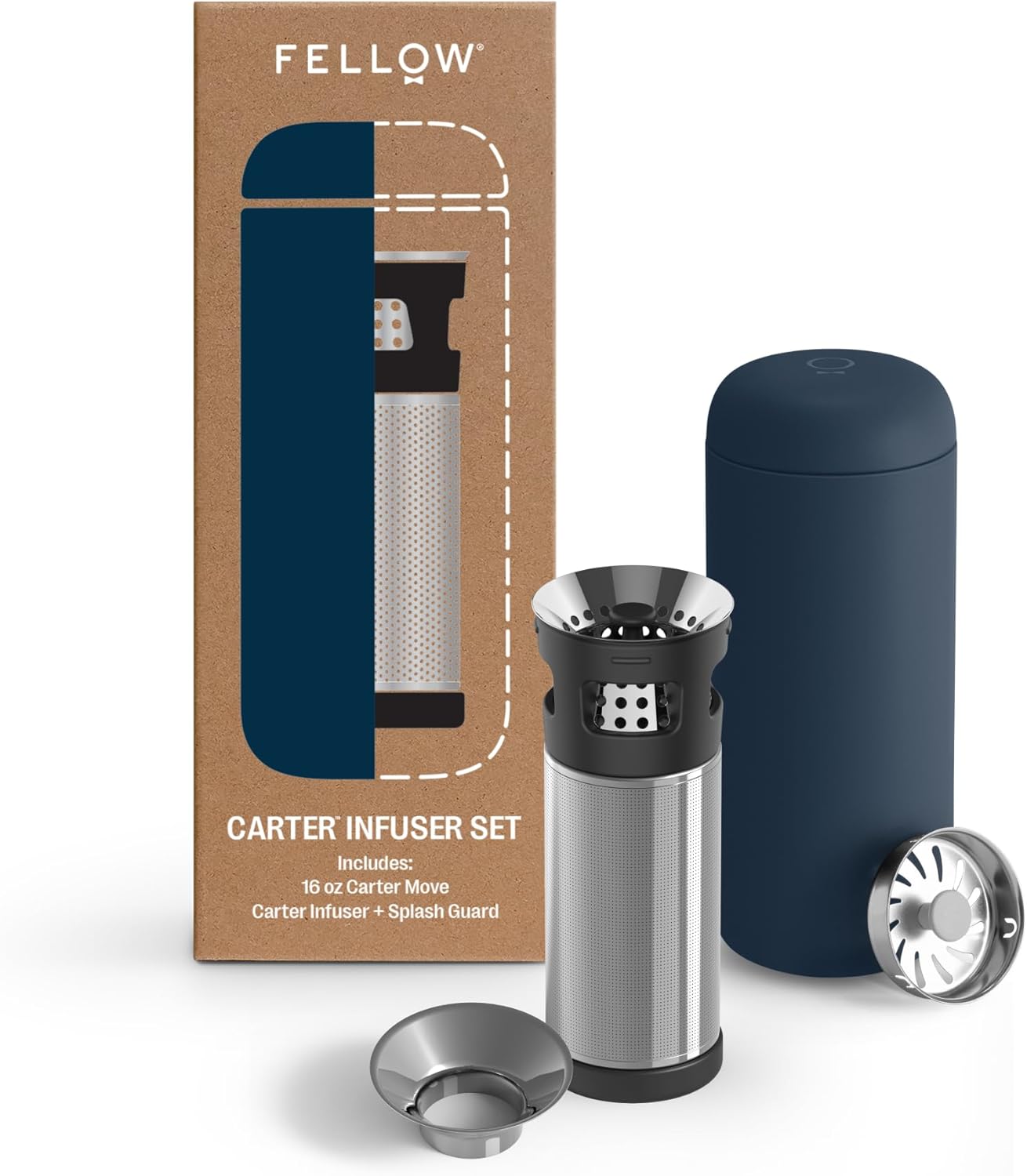 Fellow Carter Tea + Cold Brew Infuser & Carter Move 16 oz Tumbler Set - Steep Tea On-The-Go - Vacuum-Insulated Stainless Steel Travel Mug w/Snap-In Infuser For Steeping, Cold Brew, Stone Blue