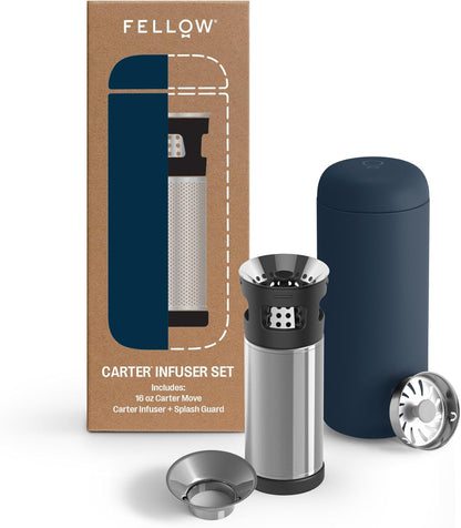 Fellow Carter Tea + Cold Brew Infuser & Carter Move 16 oz Tumbler Set - Steep Tea On-The-Go - Vacuum-Insulated Stainless Steel Travel Mug w/Snap-In Infuser For Steeping, Cold Brew, Stone Blue