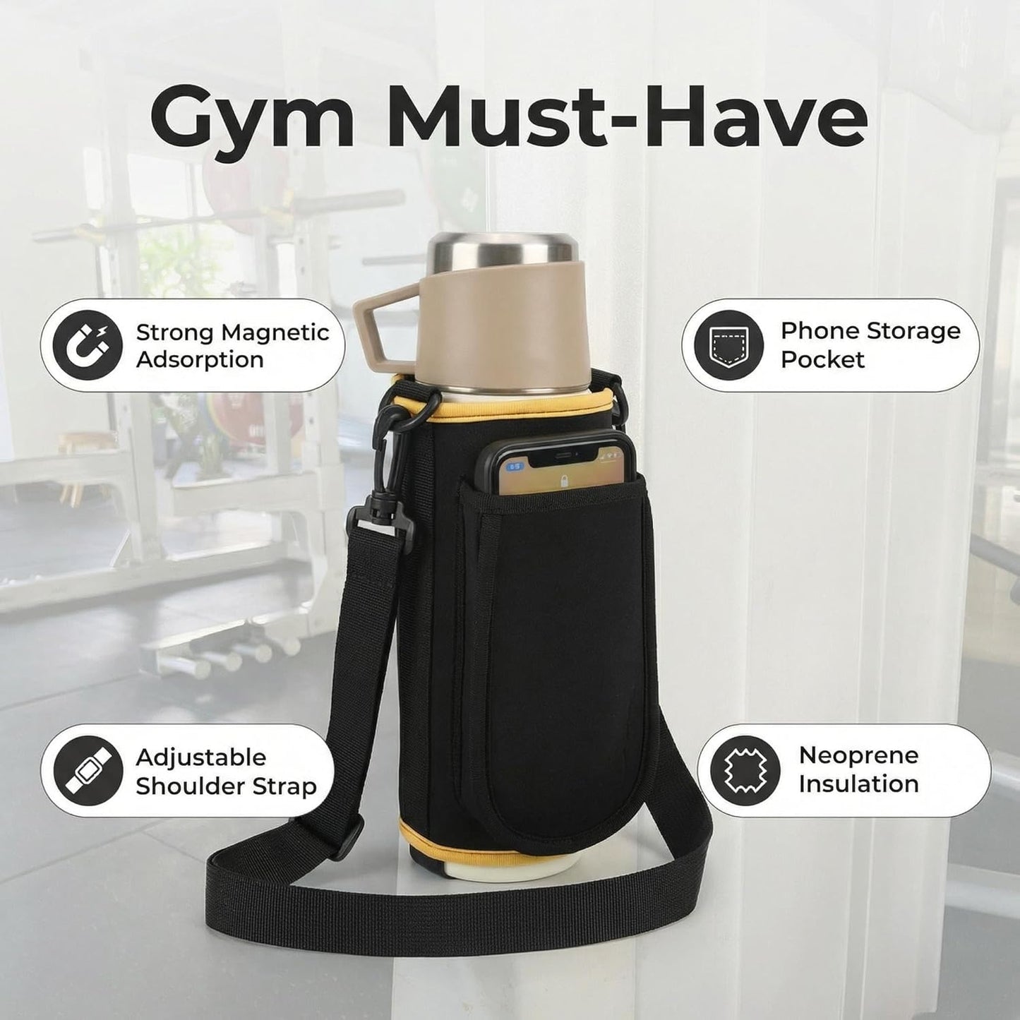SACSTAR Magnetic Gym for Bag Water Bottle | Adjustable Strap with Phone Pocket | Hands-Free Carrier for Standard & Large Sports Bottles up to 50oz (1400ml) for Workout, Hiking, Travel