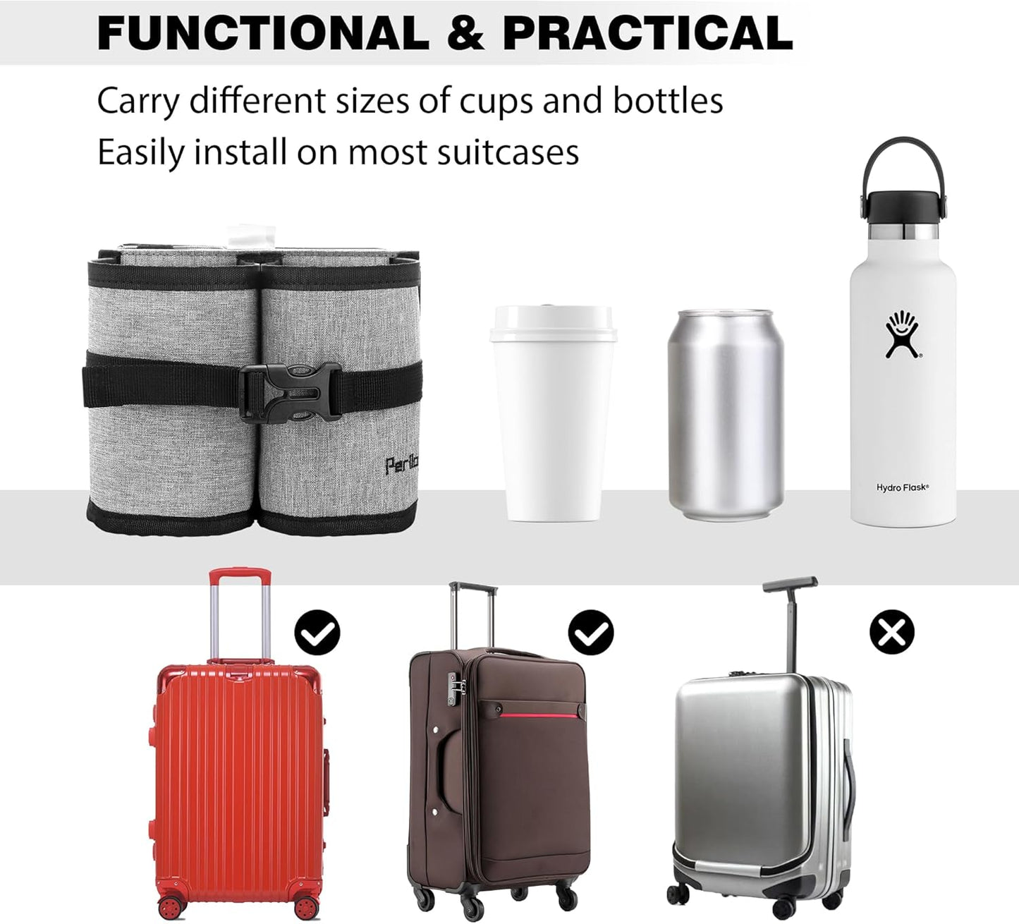 Perilogics Luggage Travel Cup Holder Hands Free Drink Caddy for Suitcase Handle. Perfect Airplane Travel Essential Accessory Gift for Frequent Traveler, Flight Attendant or with Children (Dark Gray)