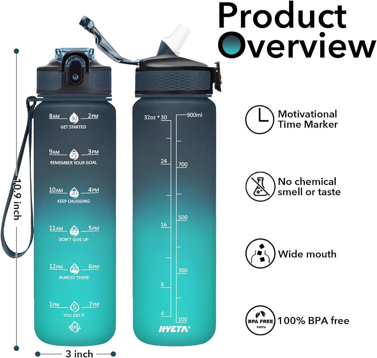 Hyeta 32oz Water Bottles with Straw - Stay Motivated and Hydrated with Convenient Times to Drink Markings, Durable, Leak-proof