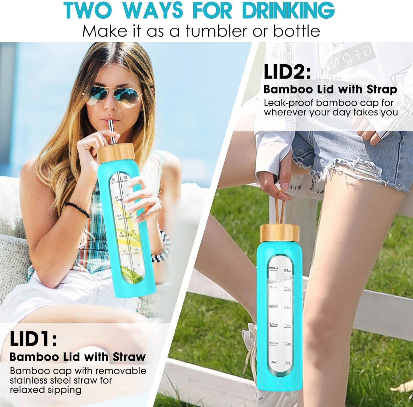SipZest 32 oz Glass Water Bottle with Straw - Motivational Time Marker & Silicone Sleeve - Reusable Tumbler Includes 2 Bamboo Lids & Fruit Infuser - 1 Pack