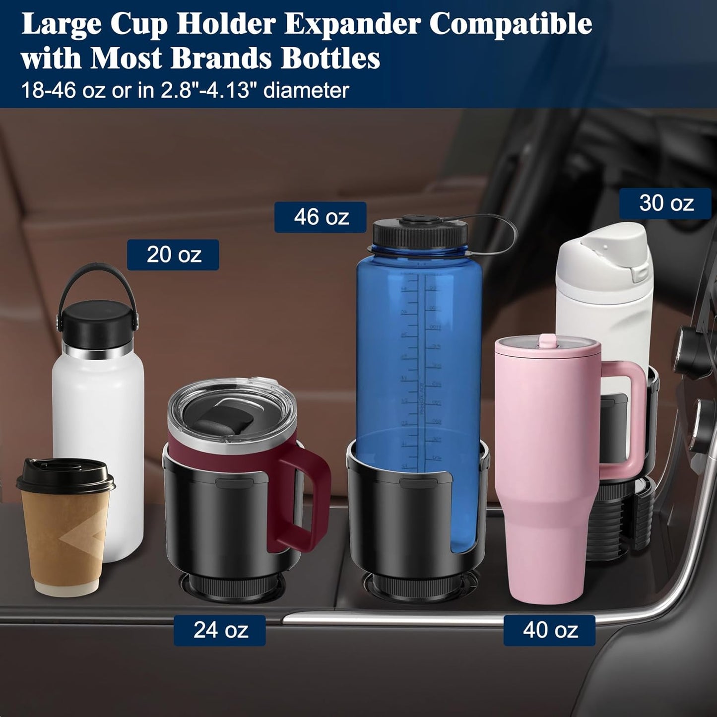 Quick-Install Car Cup Holder Expander, Space-Saving Cup Holder for Car with Offset Design, Non-Slip Large Water Bottle Holder Expander, Compatible with Owala, Stanley, Yeti Cups (24oz to 64oz)