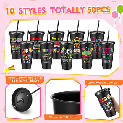 Uiifan 10 Pcs Christian Tumblers with Straws for Kids, Bible Verse Cups for VBS, Sunday School, Church Party Favors and Faith Gifts, Reusable Plastic Tumblers with Lids, 24 oz, White