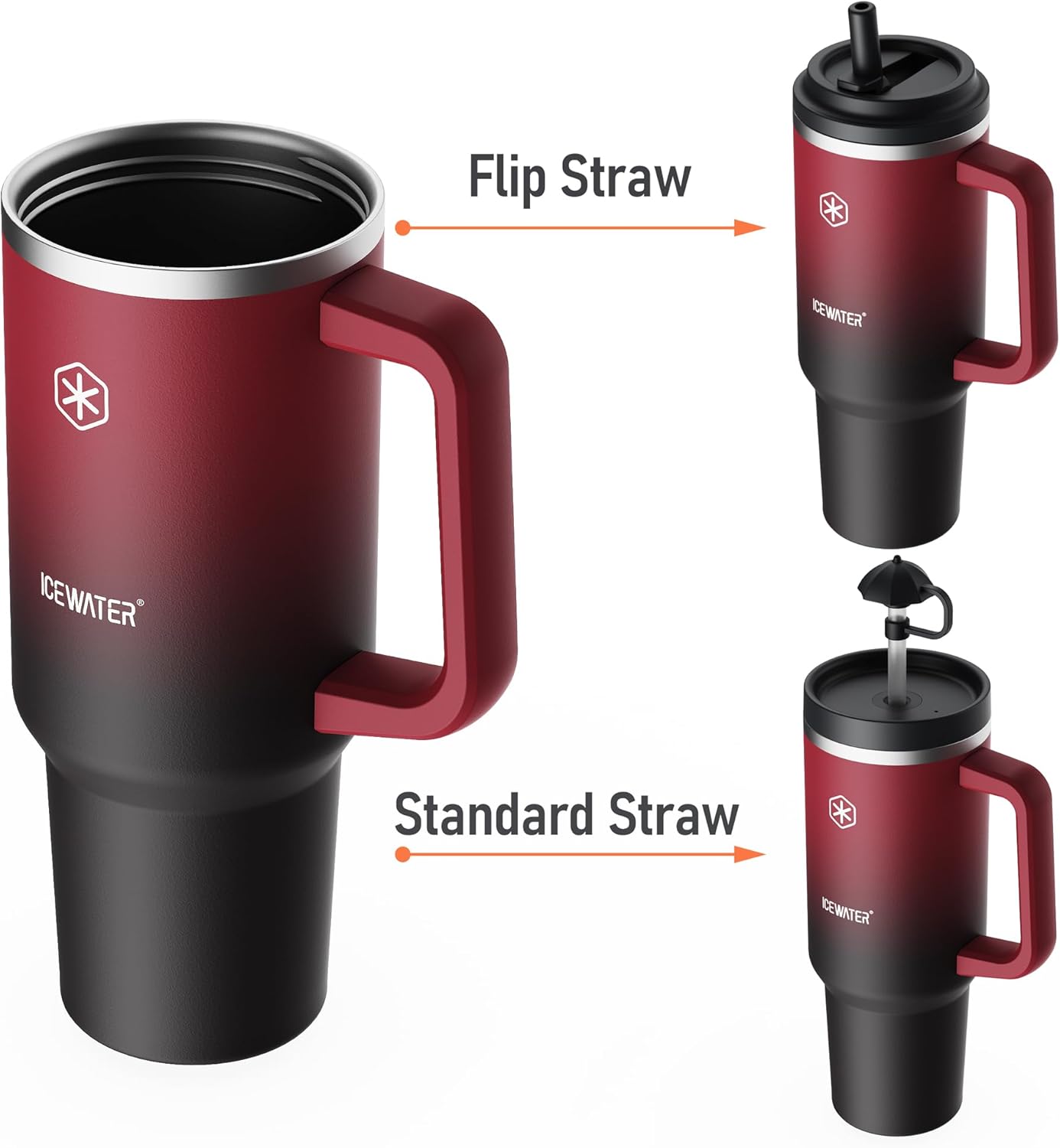 ICEWATER 40 oz Tumbler with 2 Lids (Flip & Standard Straw),100% Leak Proof Insulated Tumbler with Handle, Cup Holder Friendly, Stainless Steel Water Bottle, Gifts for Women & Men (Violet)