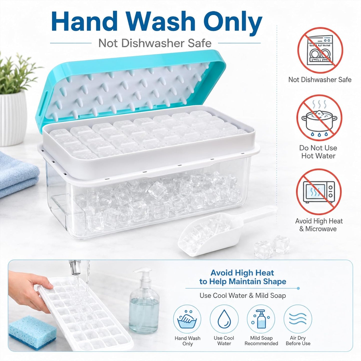 Ice Trays for Freezer with Lid & Bin, Ice Cube Tray Making 64 pcs Ice Cubes, Easy Press to Release Ice, Ice Tray with Storage Bin Chilling Cocktail Whiskey Coffee 2 Trays 1 Ice Bucket & Scoop (Black)