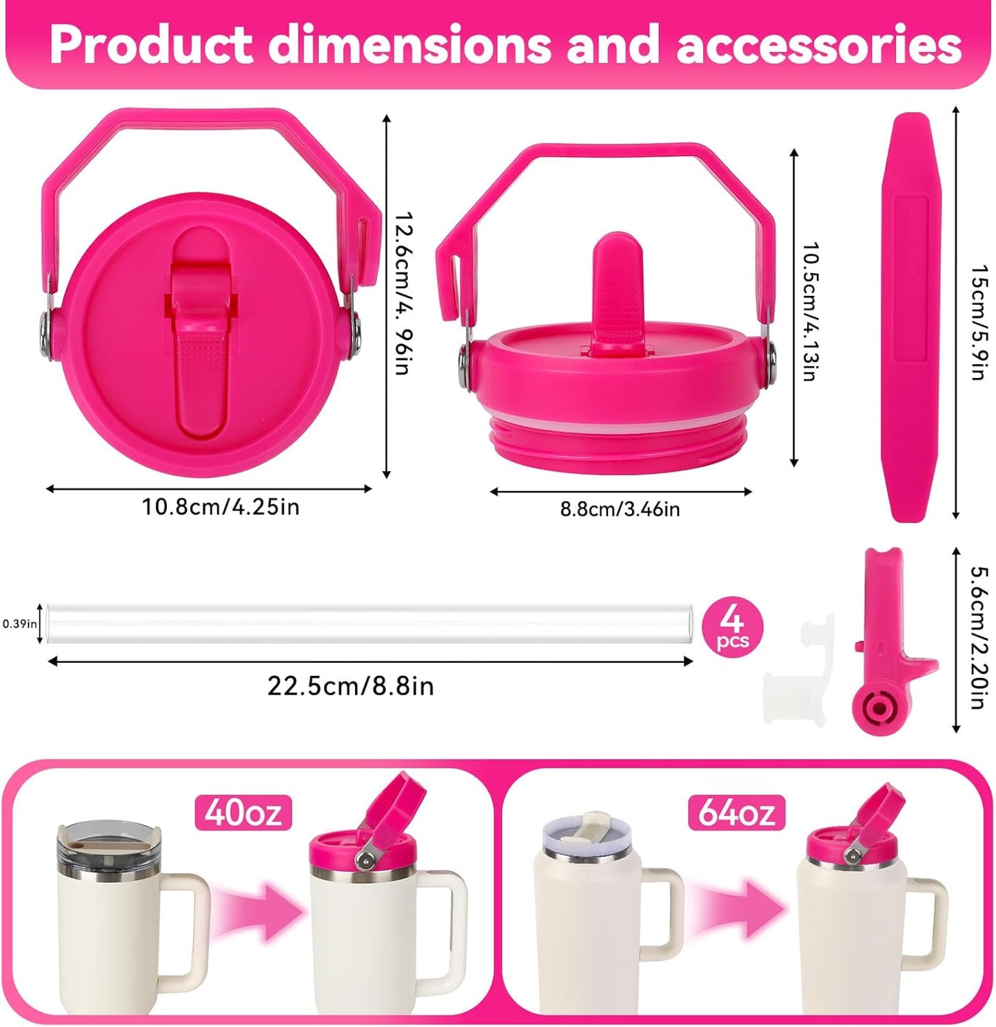 Flip Straw Lid for Stanley 30oz and 20oz, Leak Proof Top Replacement with Handle for 30&20 oz Stanley Quencher and ProTour, Detachable No Spill Lids Reusable Lids Accessories for StanleyCup, Rose