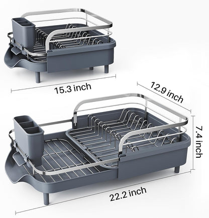 SAYZH Dish Drying Rack - Expandable Dish Rack for Kitchen Counter, Rust-Resistant Dish Drainer with Utensil Holder and Raised Guardrail, Kitchen Organizer for Cup and Bottle (Black)