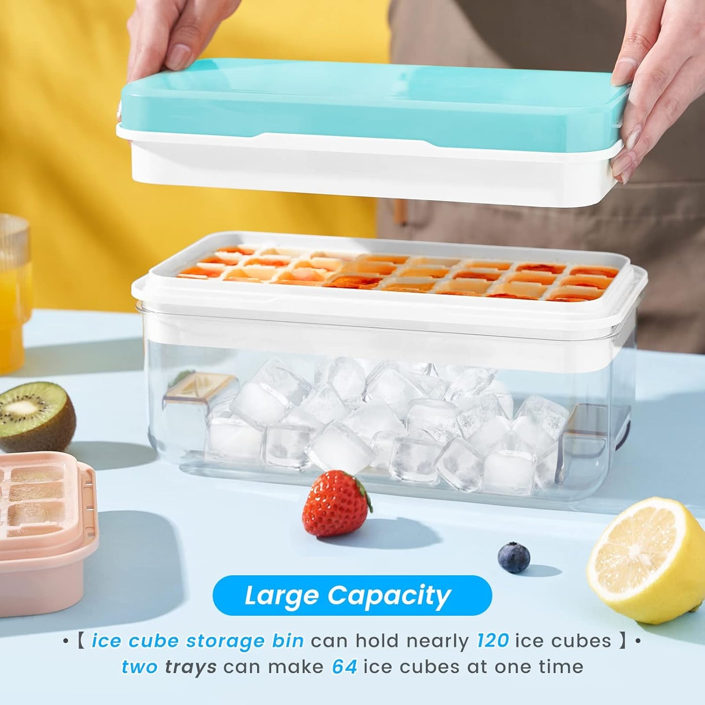 Ice Cube Tray with Lid and Bin, PHINOX 56 pcs Ice Trays for Freezer, Ice Cube Trays for Freezer with 2 trays, Container, Lid & Ice Scoop, BPA Free