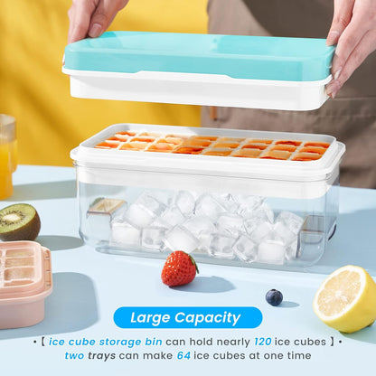 Ice Cube Tray with Lid and Bin, PHINOX 56 pcs Ice Trays for Freezer, Ice Cube Trays for Freezer with 2 trays, Container, Lid & Ice Scoop, BPA Free