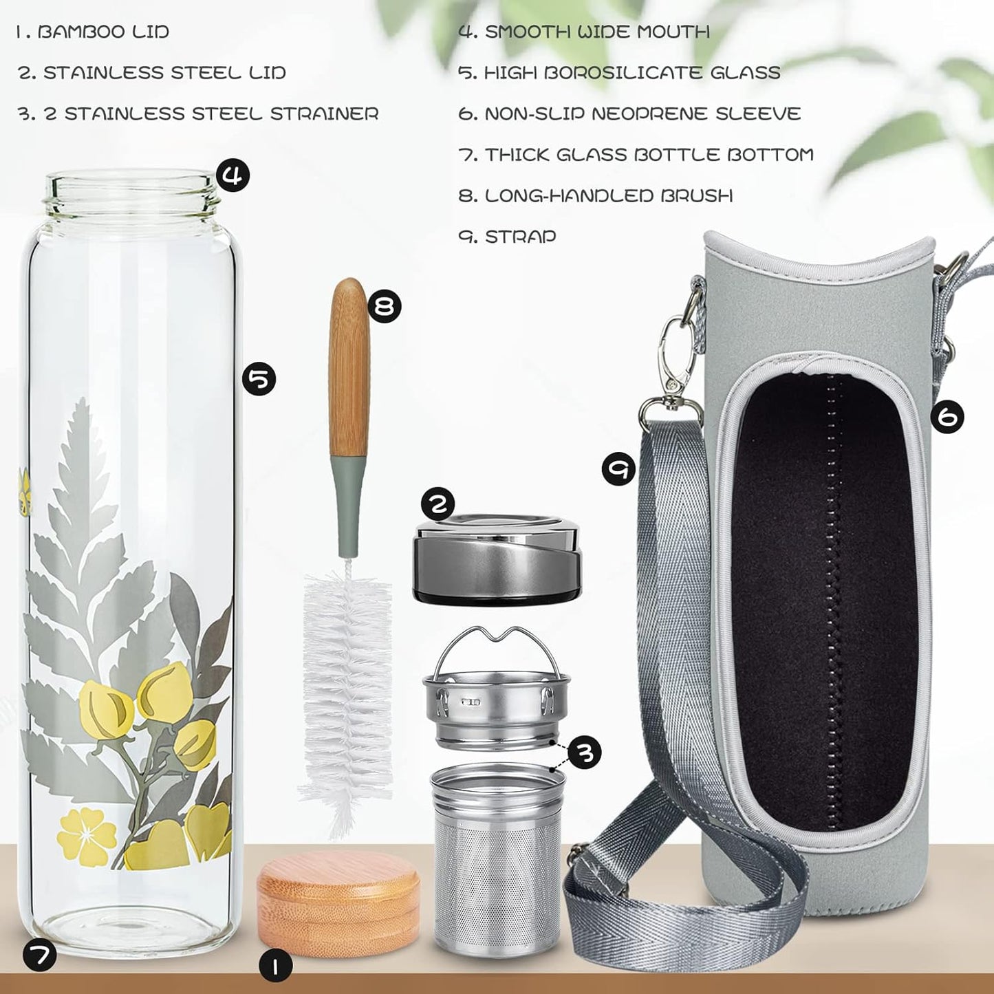 32oz Borosilicate Glass Water Bottle with Tea Infuser, Tea Tumbler with Strainer, Reusable Travel Mug with Sleeve & 2 Lids, Glass Drinking Bottle for Hot or Cold Drinks