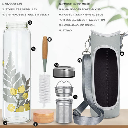 32oz Borosilicate Glass Water Bottle with Tea Infuser, Tea Tumbler with Strainer, Reusable Travel Mug with Sleeve & 2 Lids, Glass Drinking Bottle for Hot or Cold Drinks