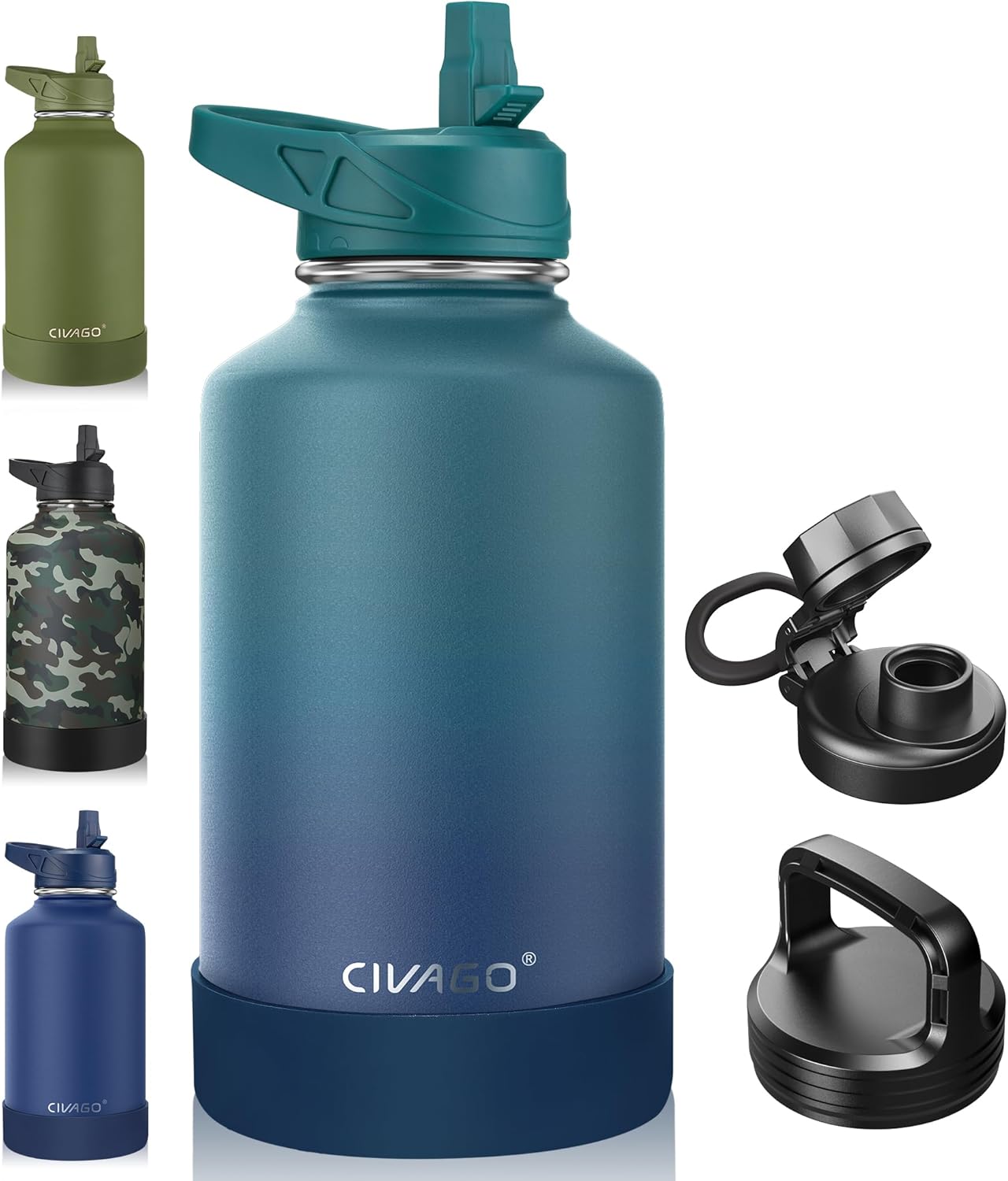 CIVAGO 32 oz Insulated Water Bottle With Straw, Stainless Steel Sports Water Cup Flask with 3 Lids (Straw, Spout and Handle Lid), Wide Mouth Travel Thermal Mug, Black
