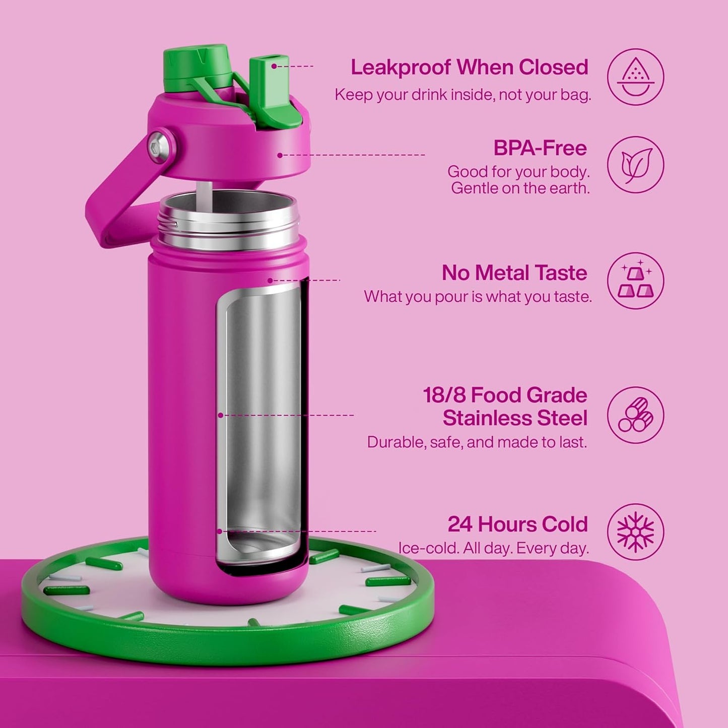 ENCOOL Insulated Water Bottle with Straw Stainless Steel Water Bottle, Leak-Proof, BPA-Free, Double Wall Vacuum Keeps Cold for 24 Hours for Sports, Travel, School (26 oz, Cotton Candy) - Colors B