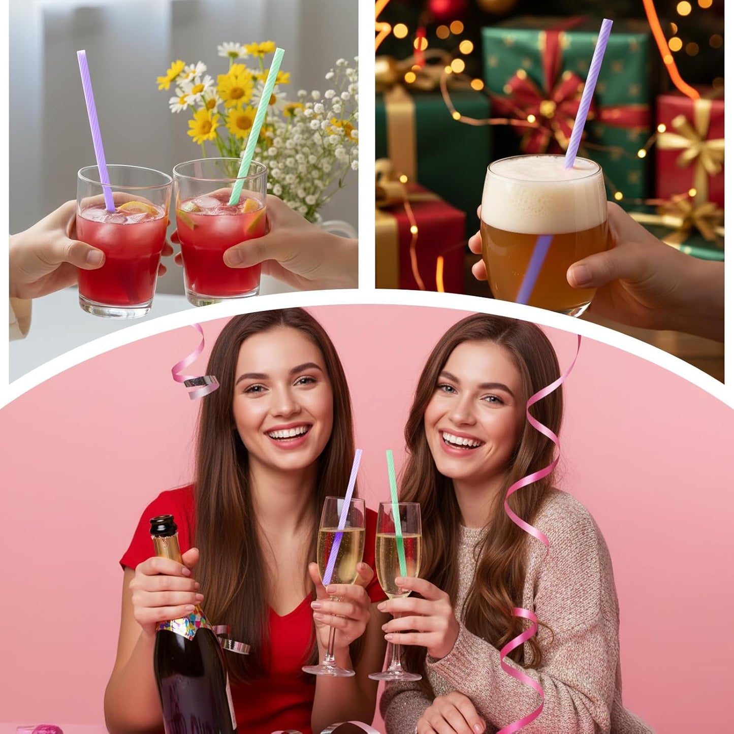 2 Set travel straws reusable with case, Portable Straw for Hot & Cold Drinks, Foldable Silicone Straws with Cleaning Brush & Keychain (Green, Purple)
