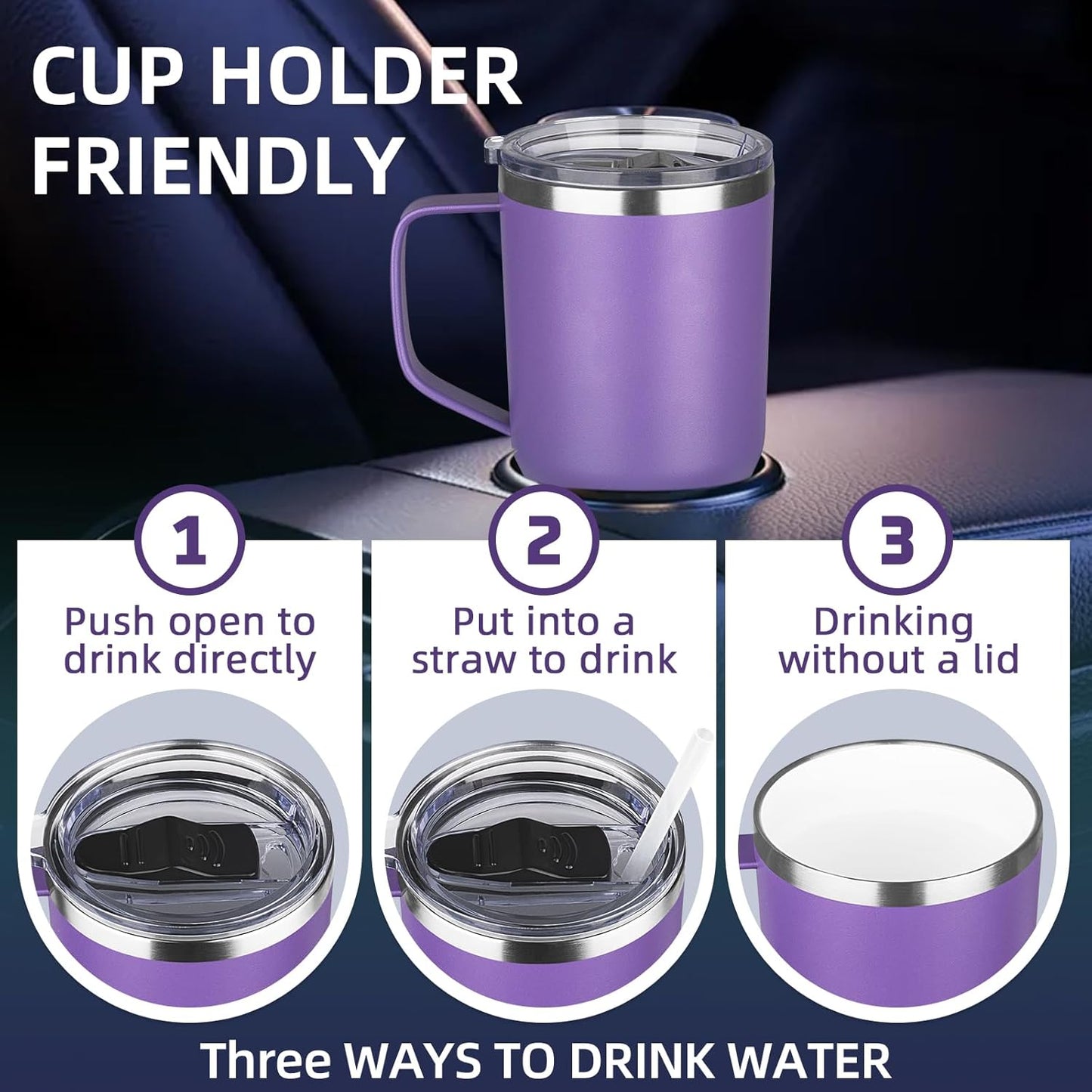 20 oz Insulated Coffee Mug with Ceramic Coating, Stainless Steel Travel Mug Tumbler with Handle Lid and Straw, Double Wall Leak-Proof Coffee Travel Mug Keeps Drink Hot and Cold (Black)