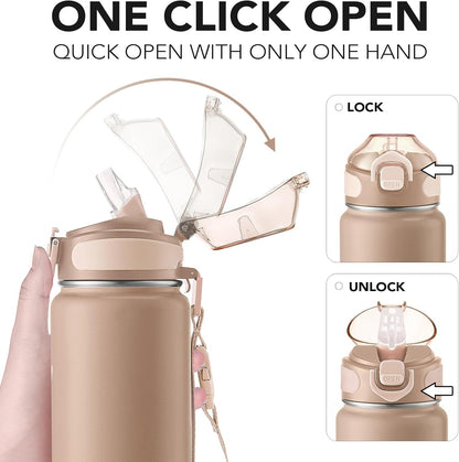 Enerbone 24 oz Insulated Water Bottle, Stainless Steel Bottle with Carrying Strap, Double-Wall Vacuum Insulation Design, Leakproof Sports Bottle with Straw, Keep Drinks Cold or Hot for Hours