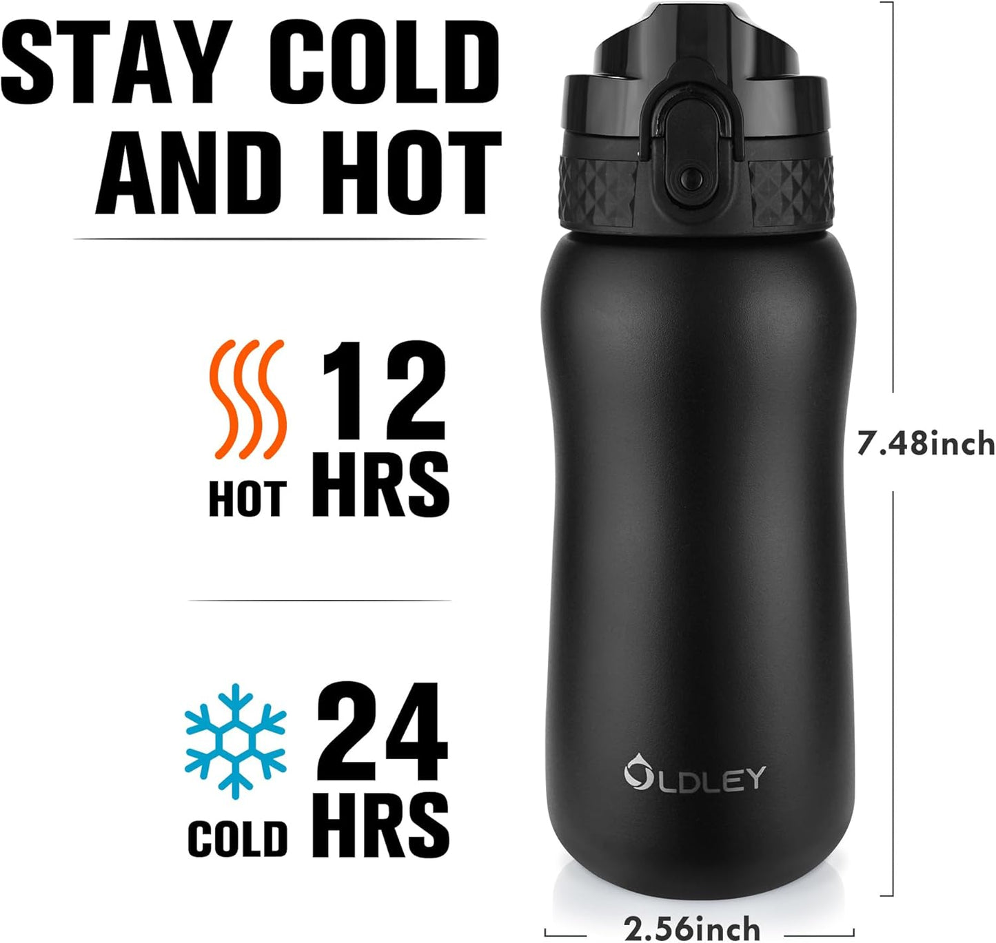 Oldley Insulated Water Bottle 20oz for Adults Kids Stainless Steel Water Bottles with Straw/Chug/Carabiner 3 Lids Fruit Strainer Double Wall Vacuum Wide Mouth BPA Free Leak-Proof for School Travel