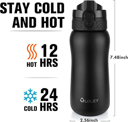 Oldley Insulated Water Bottle 20oz for Adults Kids Stainless Steel Water Bottles with Straw/Chug/Carabiner 3 Lids Fruit Strainer Double Wall Vacuum Wide Mouth BPA Free Leak-Proof for School Travel
