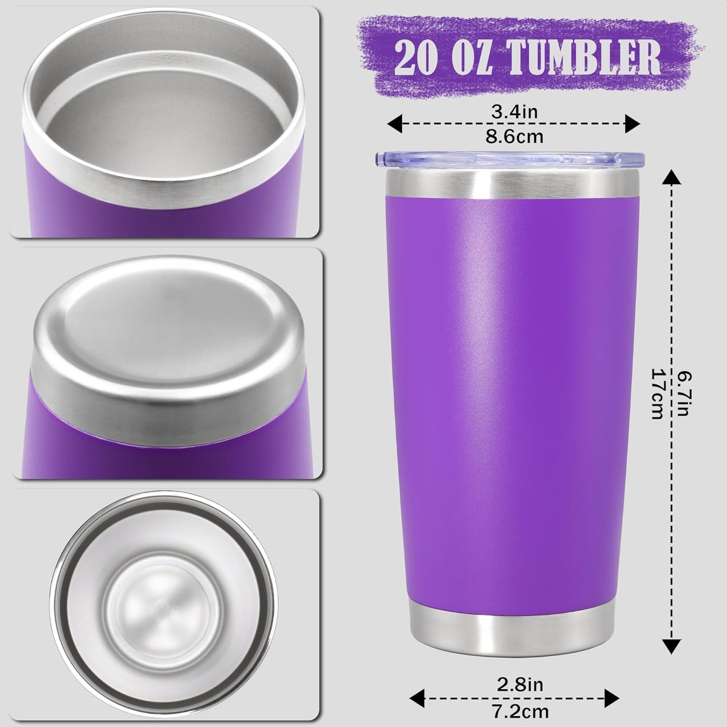 20 oz Tumbler Coffee Travel Tumblers Bulk with Lid Stainless Steel Double Wall Vacuum Insulated Mug Powder Coated Cups fit Car Cupholder for Hot and Cold - Stainless Steel, 4Pack